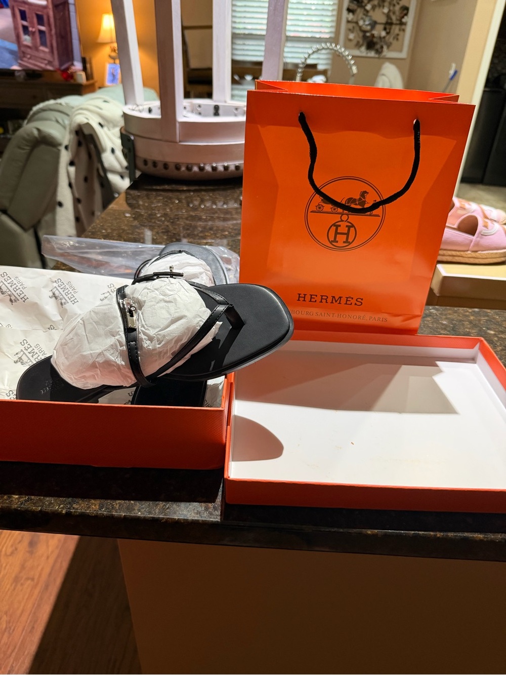 Hermes Black Leather T-Strap Women's Sandal